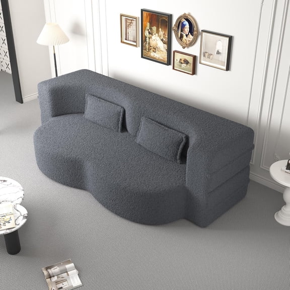 78" Convertible Folding Sofa Bed, Queen Sleeper Sofa with Pillow, Modern Teddy Fabric Floor & Futon Loveseat Couch, Foam Folding Mattress Sleeper for Living Room, Guest Use, Office, Apartment, Gray