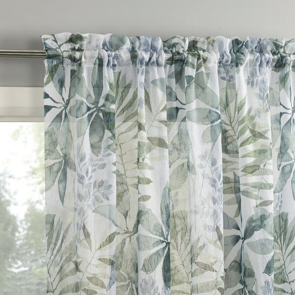 No. 918 Fiona Foliage Print Crushed Voile Sheer Rod Pocket Curtain Panel, 51"W X 84"L, White