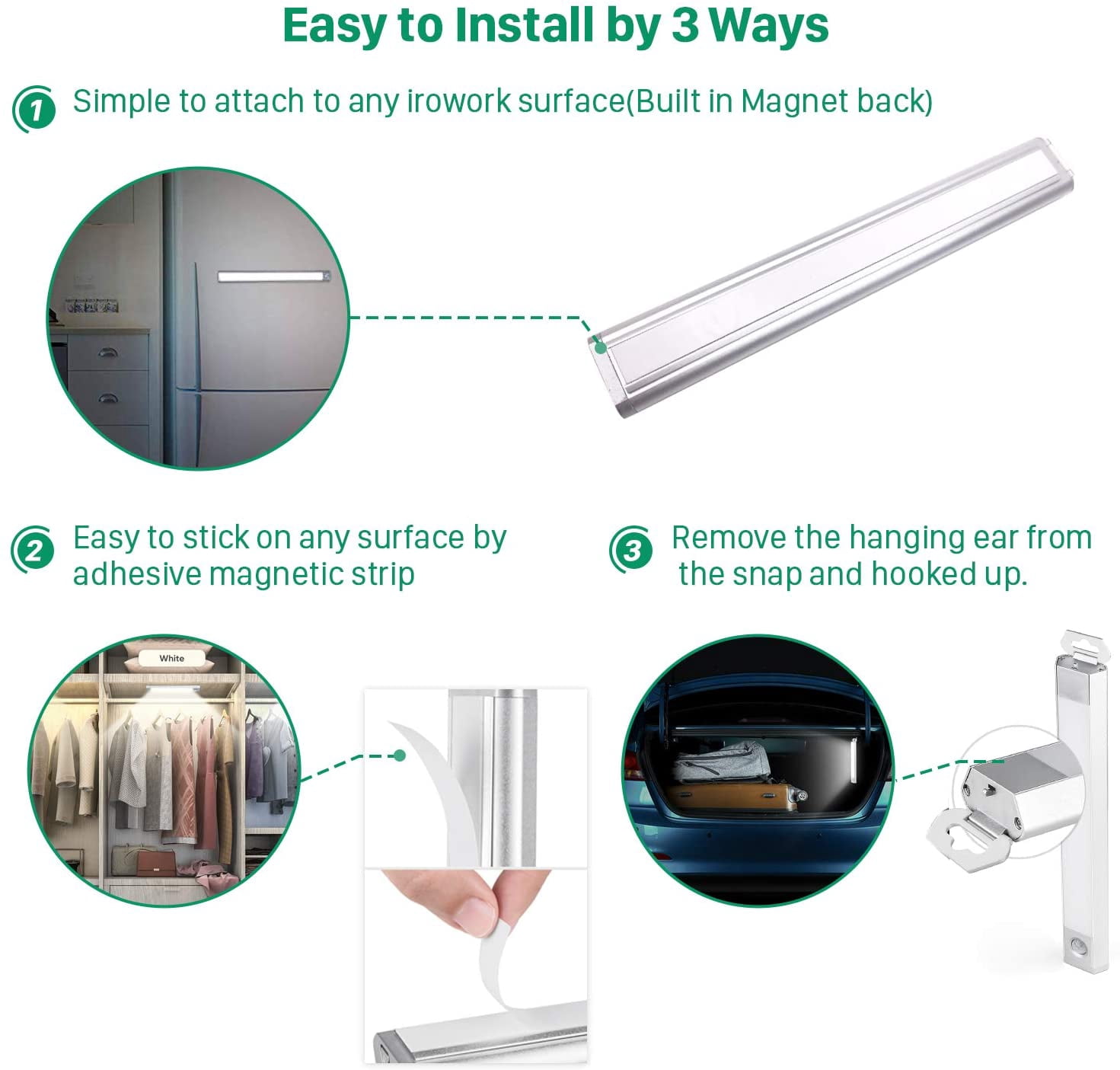 LNGOOR Motion Sensor LED Closet Light , Cordless Under Cabinet Motion Sensor Light, Wireless Stick-on Anywhere Rechargeable Lights, 3-Mode Dimmable Night Light for Closet Hallway Stairway