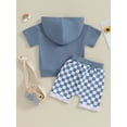 thumbnail image 4 of Suealasg Kids Boys Summer Outfits 6M 1T 2T 3T Toddler Boys Solid Color Hooded Short Sleeve T-Shirts Tops and Checkerboard Elastic Waist Shorts 2Pcs Causal Clothing for Baby Boys, 4 of 9