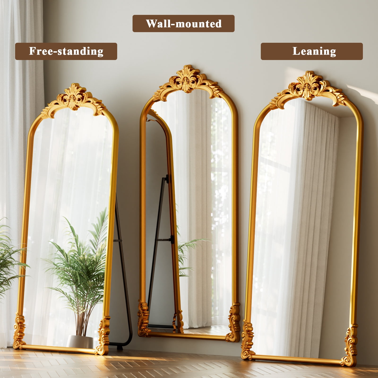 Easy4Home 71"x32" Arched Full-Length Floor Mirror Smooth Arch Top Floral Crest Standing Mirror, Bright Gold