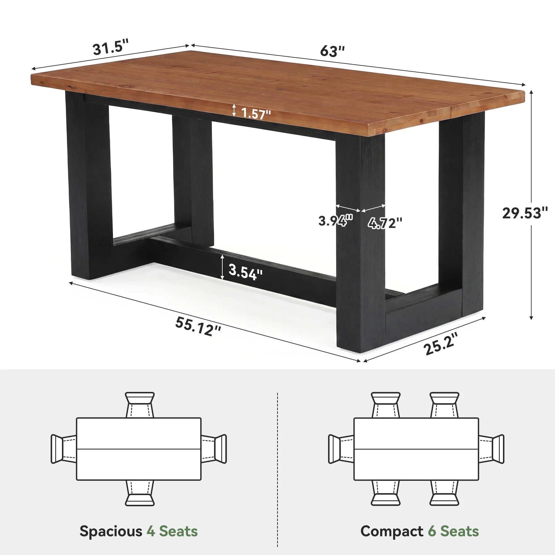 Hommoo 63 Inch Solid Wood Rectangular Dining Table for 6, Farmhouse Kitchen Table with Heavy-Duty Metal Legs, Natural