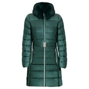 Michael Kors Womens Long Coat - Dark Emerald Green Quilted Coat for Women - Zip Closure & Packable Winter Coat for Women with 2 Side pockets, Faux Fur Collar & Adjustable Waist Belt
