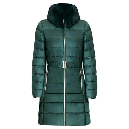 Michael Kors Womens Long Coat - Dark Emerald Green Quilted Coat for Women - Zip Closure & Packable Winter Coat for Women with 2 Side pockets, Faux Fur Collar & Adjustable Waist Belt