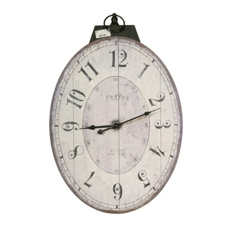 Distressed Oval Shape Wooden Wall Clock with Ring Hanger, White and Black- Saltoro Sherpi