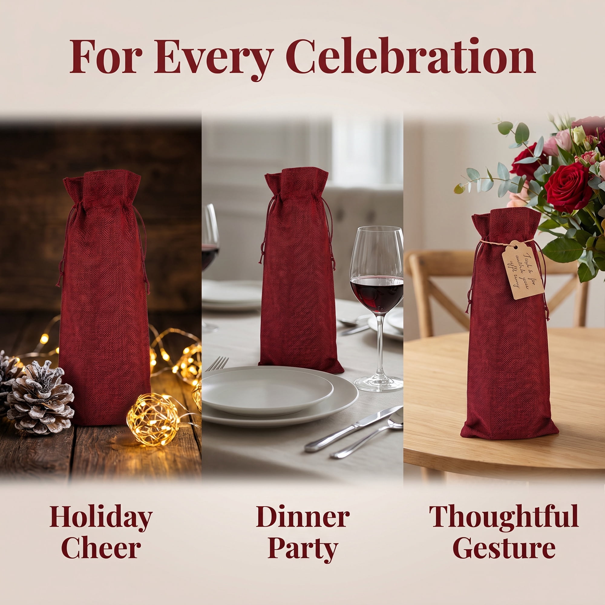 Unique Bargains Elegant Single Wine Bottle Gift Bags with Handles Wine Red 5.9" x 13.8"