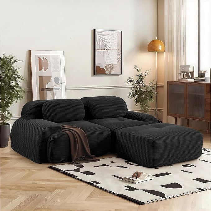 Howcool 80" Modern Corduroy Boneless Love Seat Couches with 1 Ottoman,2 Seater Large Sectional Couches for Living Room,Cloud Modular Sectional Sofa,Memory Foam, Extra Deep Loveseat,No Assembly,Black