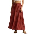 thumbnail image 2 of Women's Cotton Maxi Skirt, High Waist Elastic Lace-Up A-Line Swing Skirt, Bohemian Long Skirt for Beach, Vacation and Summer,Wine,M, 2 of 9