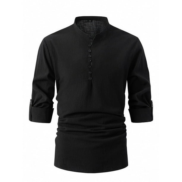 Playera Elvqul Hombre Casual Manga Larga Negro Cuello Mao Lino Algodón de Color Sólido