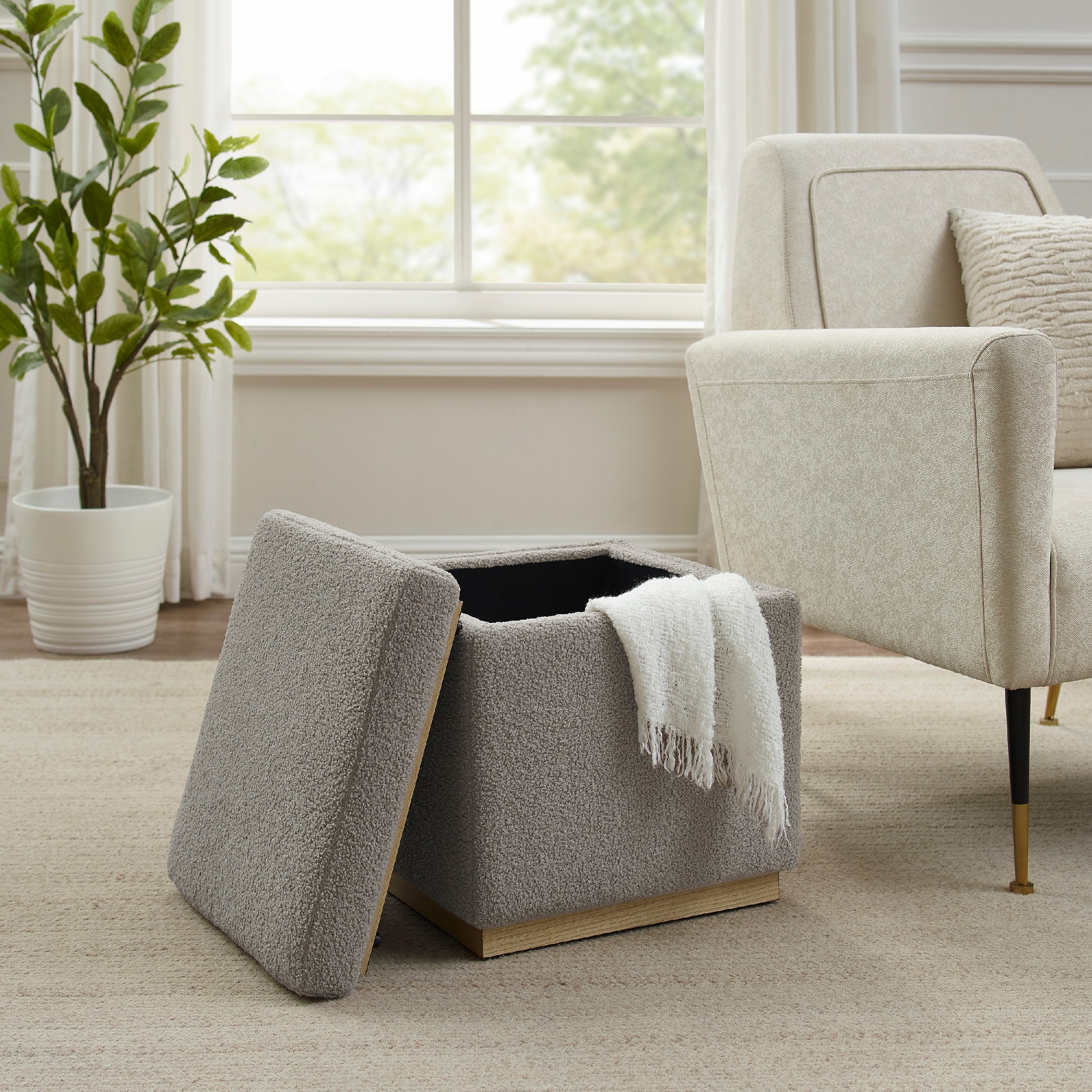 Linon Elta Square Storage Ottoman, Light Gray Sherpa