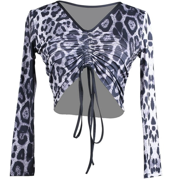 V Neck Cool Drawstring Ruched Chest Leopard Print Gym Dance Crop Tops With Long Sleeve