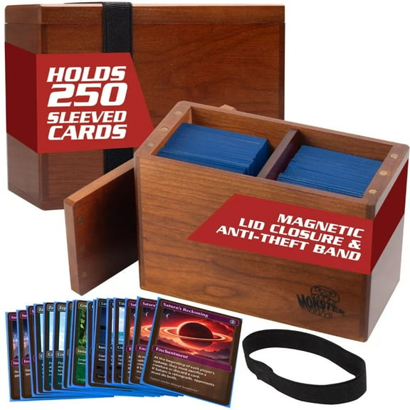 Monster Wooden Double Deck Box w Strong Magnetic Lid & Security Band- Premium Holds 250 Sleeved Cards- Compatible w Pokemon, Yugioh, Magic the Gathering & All Trading TCG Game, Gift