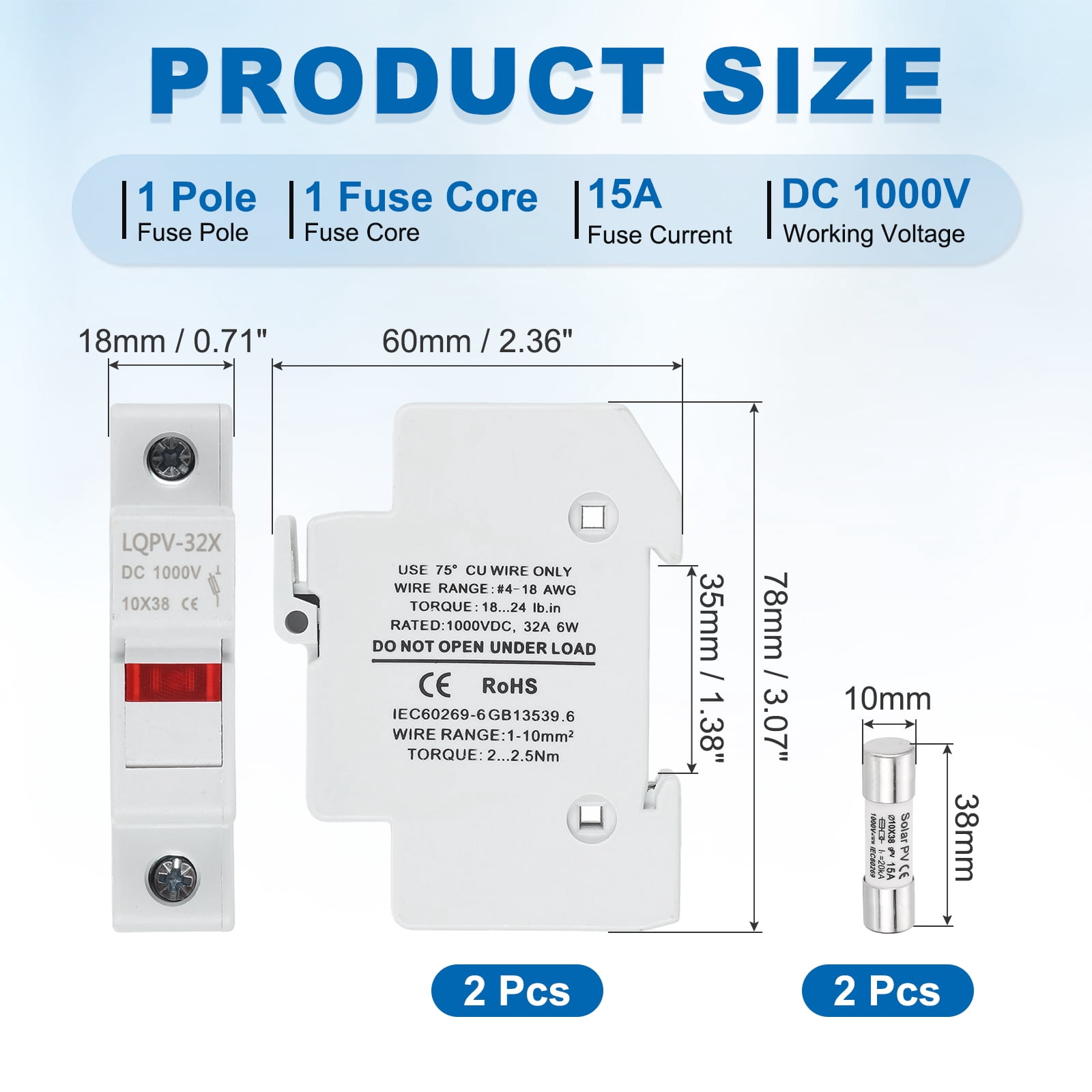 Din Rail Fuse Holder with 1 Core Block,10x38mm 4-18AWG Single Pole Solar/ Photovoltaic Fuse Holder DC 1000V 15A with Light Indicate for Solar PV Systems Battery Protect,Pack of 2