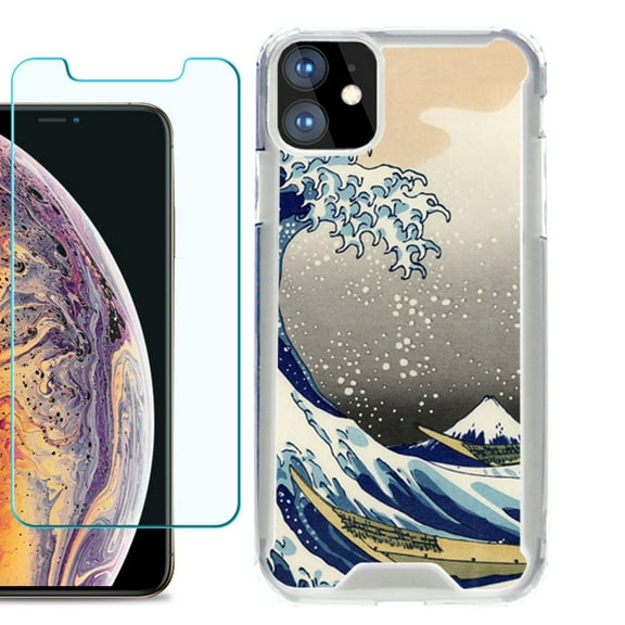 For Apple iPhone 11 Case, Hybrid Bumper Phone Case, with Tempered Glass Screen Protector, by OneToughShield ® - Great Wave
