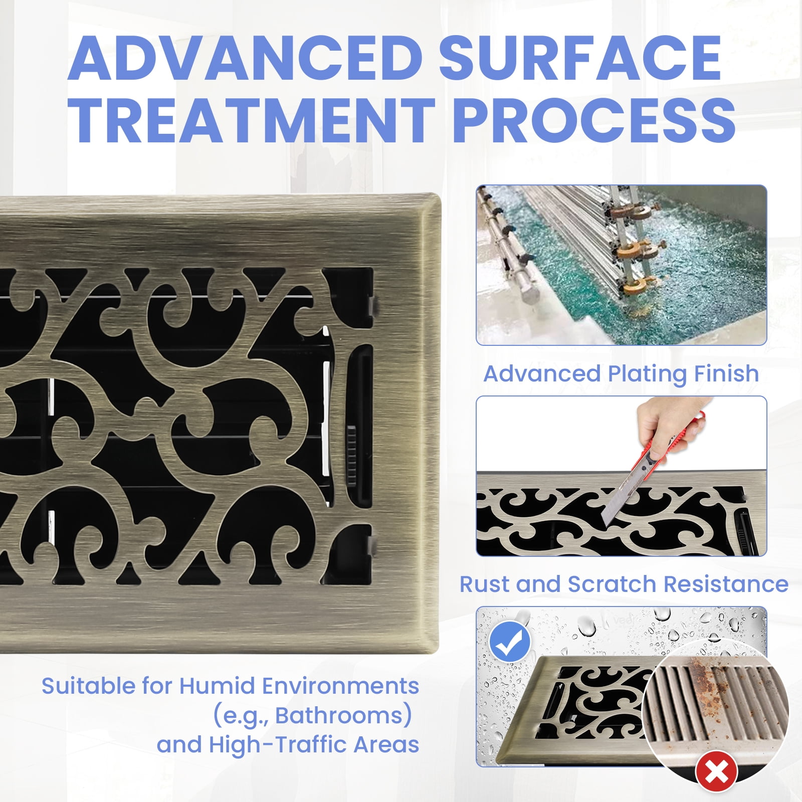 4x8 Inches 2 Pack Heavy Duty Walkable Floor Register - Easy Adjust Air Supply Lever Decorative Floor Vent Covers, Savannah Design Vent Covers for Home - Antique Brass