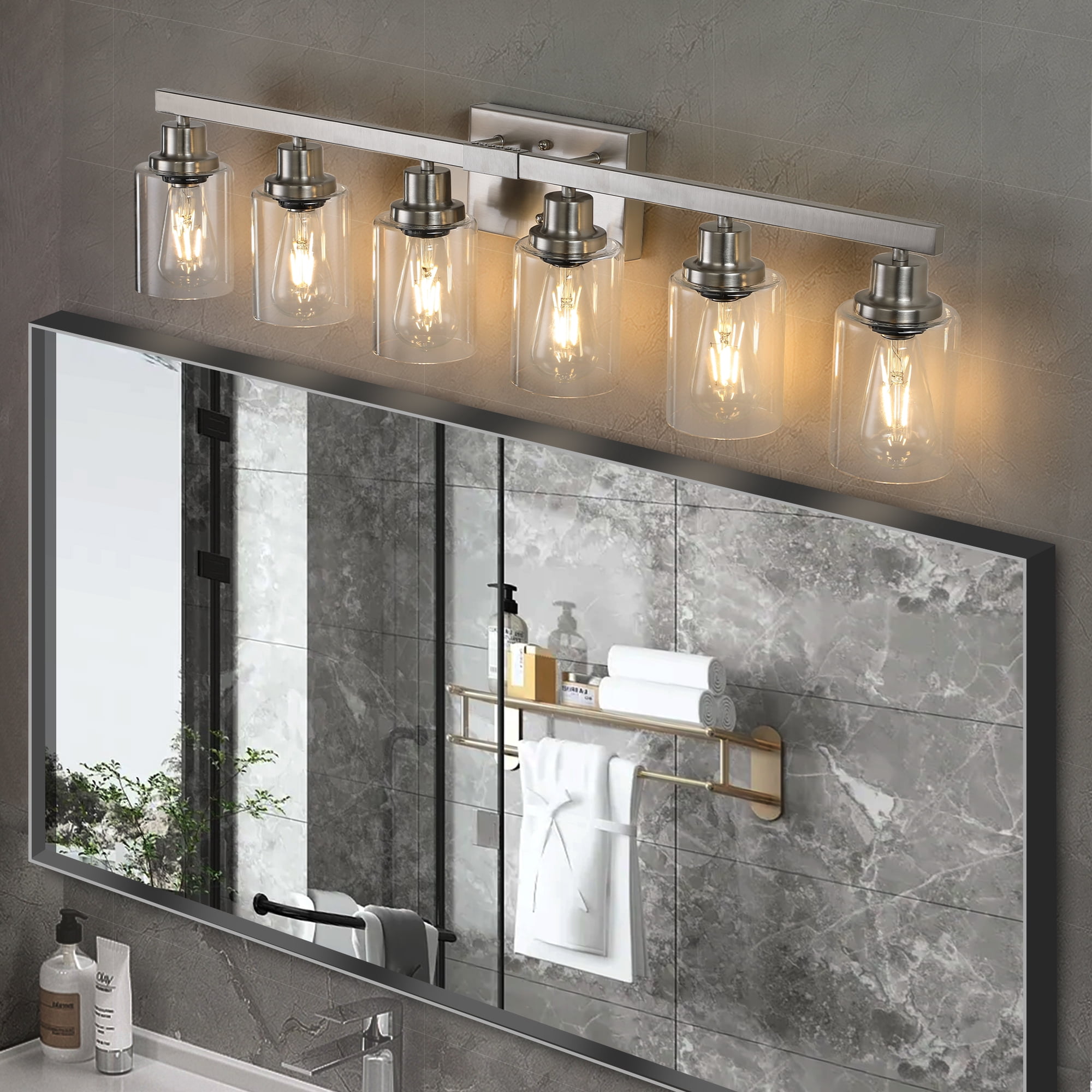 Leumius Modern 6-Light Bathroom Vanity Light Fixture - Brushed Nickel Finish with Clear Glass Shades, Perfect for Bathroom, Vanity and Dressing Area Lighting (No Bulbs)