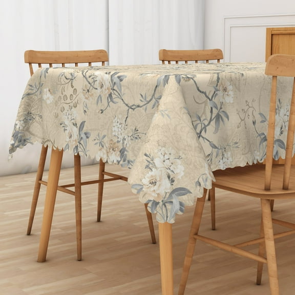 Nanqianyi Vintage Floral Beige Tablecloth Rectangle 60" x 84" Grey Blue Leaves Waterproof Table Cover for Dinner Decor