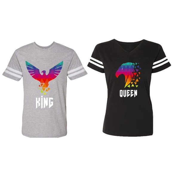 King Queen Eagle Colorful Matching Couple Cotton Jerseys (Men Heather / Women Black) (Men S / Women S)