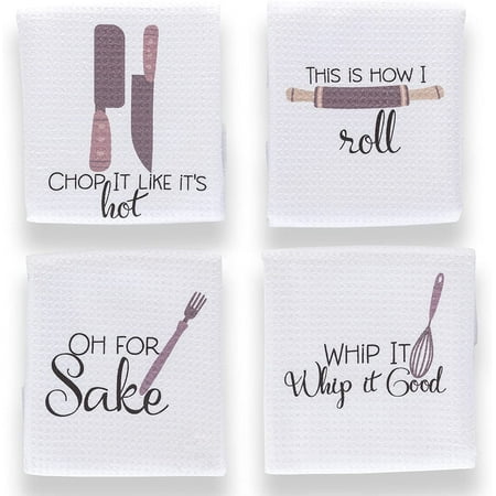 

Aller Home & Kitchen Funny Kitchen Towels with Sayings. 4pc Kitchen Towel Set Fun Pun Gadget Design - Waffle Weave Towel Decorative Funny Dish Towels for Mom. Cute Kitchen Towels for Gifts