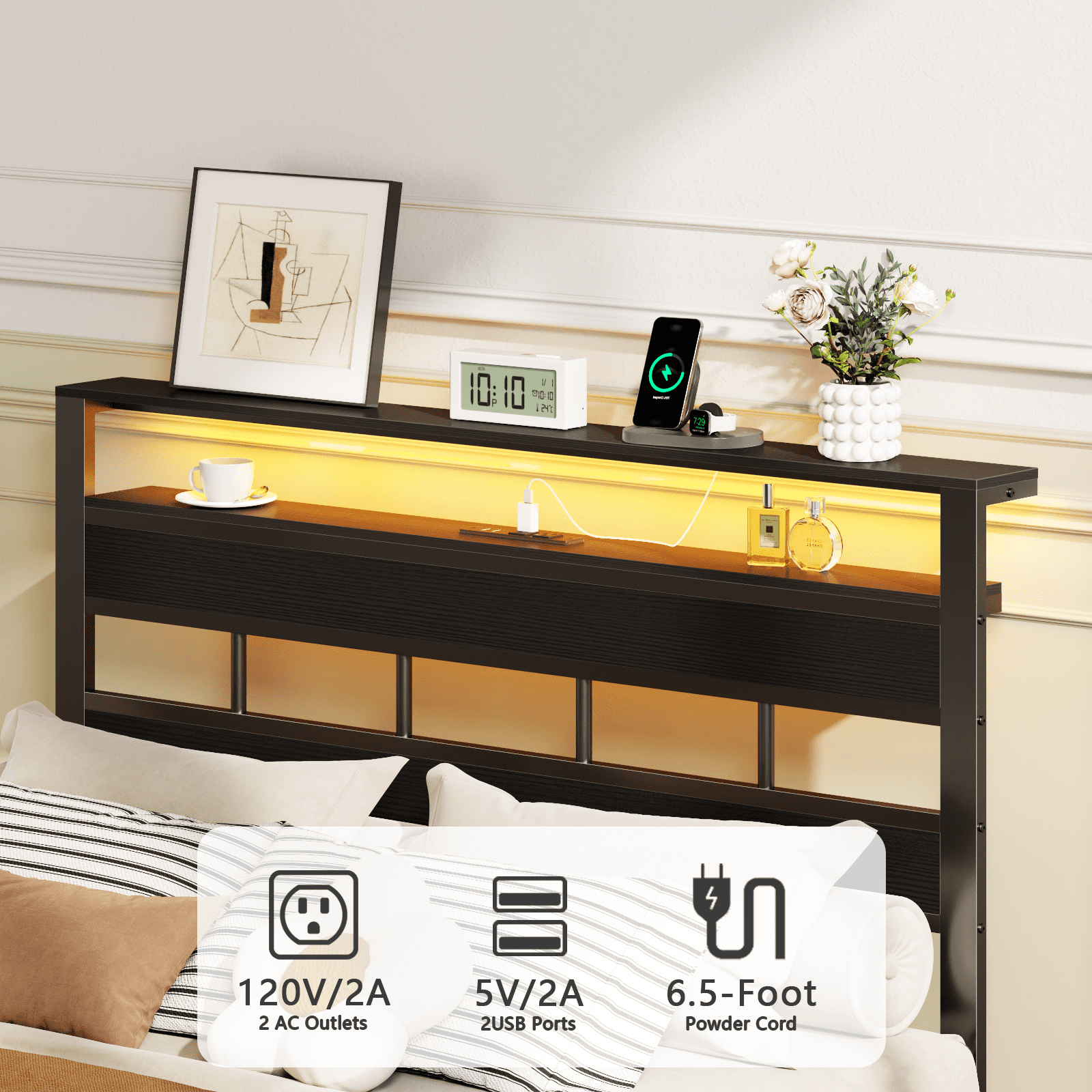 Glozzt Full Size Bed Frame with Upholstered Storage Headboard and LED Light, Platform Bed with Metal Slats, Noise Free Design