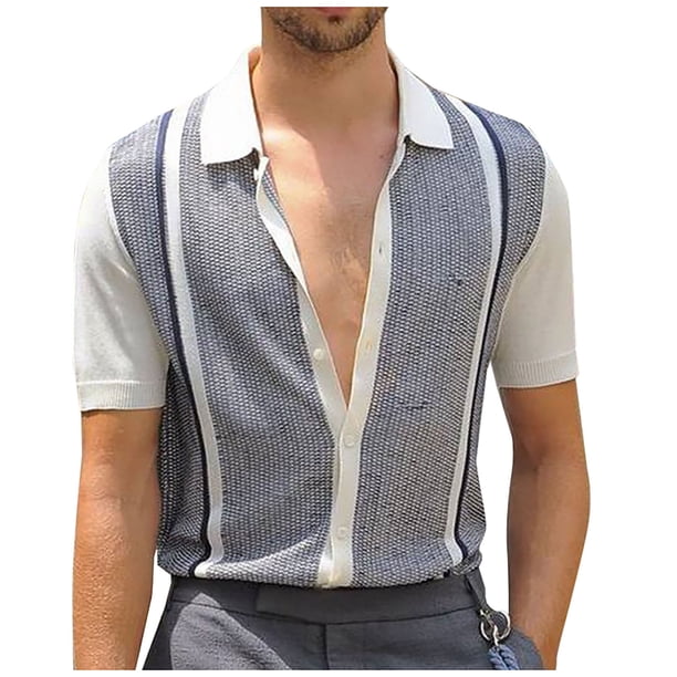 Camisas de manga corta con botones de solapa y costuras de bloques de colores para hombre Pompotops oipoqjl49403