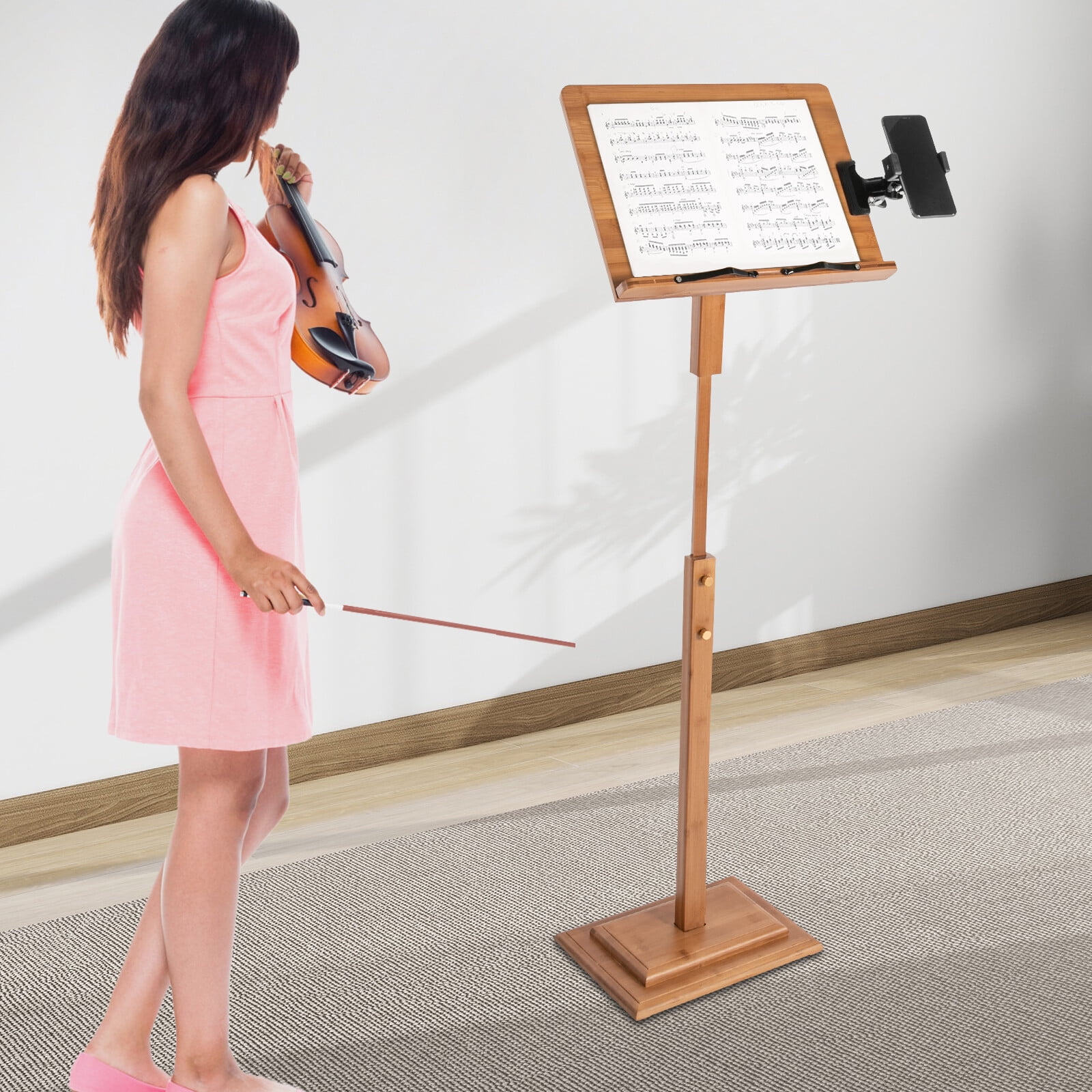Bamboo Adjustable Music Stand with Phone Holder - Sheet Music & Laptop Stand for Guitar, Violin, Piano