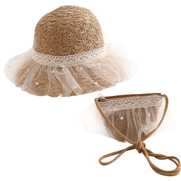 Sombrero de 56-58cm de circunferencia para mujer, sombrero de paja con perlas de encaje y bolso de paja, conjunto de sombrero de playa protector solar para el verano