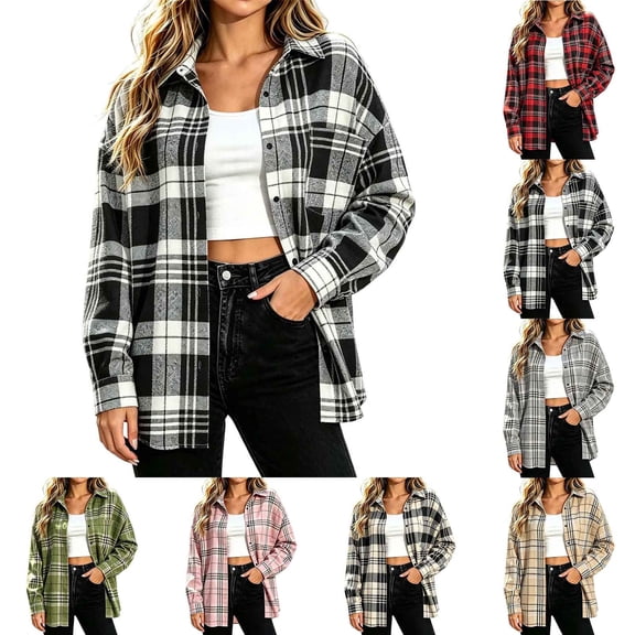 Aboser Flannel Shirts for Women Button Down Fall Shirt Dressy Casual Long Sleeve Blouses Retro Buffalo Plaid Shirts Lightweight Soft Collared Blouse Tops