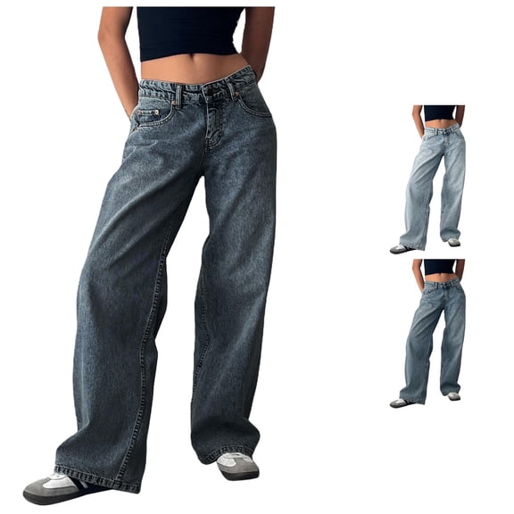 QTSHPN Women's Pants Low Rise Baggy Loose Fit Boyfriend Straight Wide Leg Stretchy Long Denim Jeans Fashion Women Pants Dark Blue XXL
