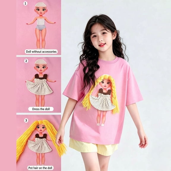 Ulitacool Tops For Girls Summer Short Sleeve O Neck Cartoon Prints Tee 4-5 Years Pink