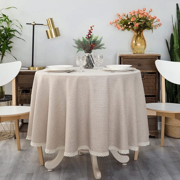 CAILDANL Lace Trim Tablecloth Linen-Look Textured Rustic Style Machine Washable Solid Heavy Weight Rectangle/Oblong Table Cloth Cover for Kitchen Dinning Tabletop Decoration 55x102 in Beige