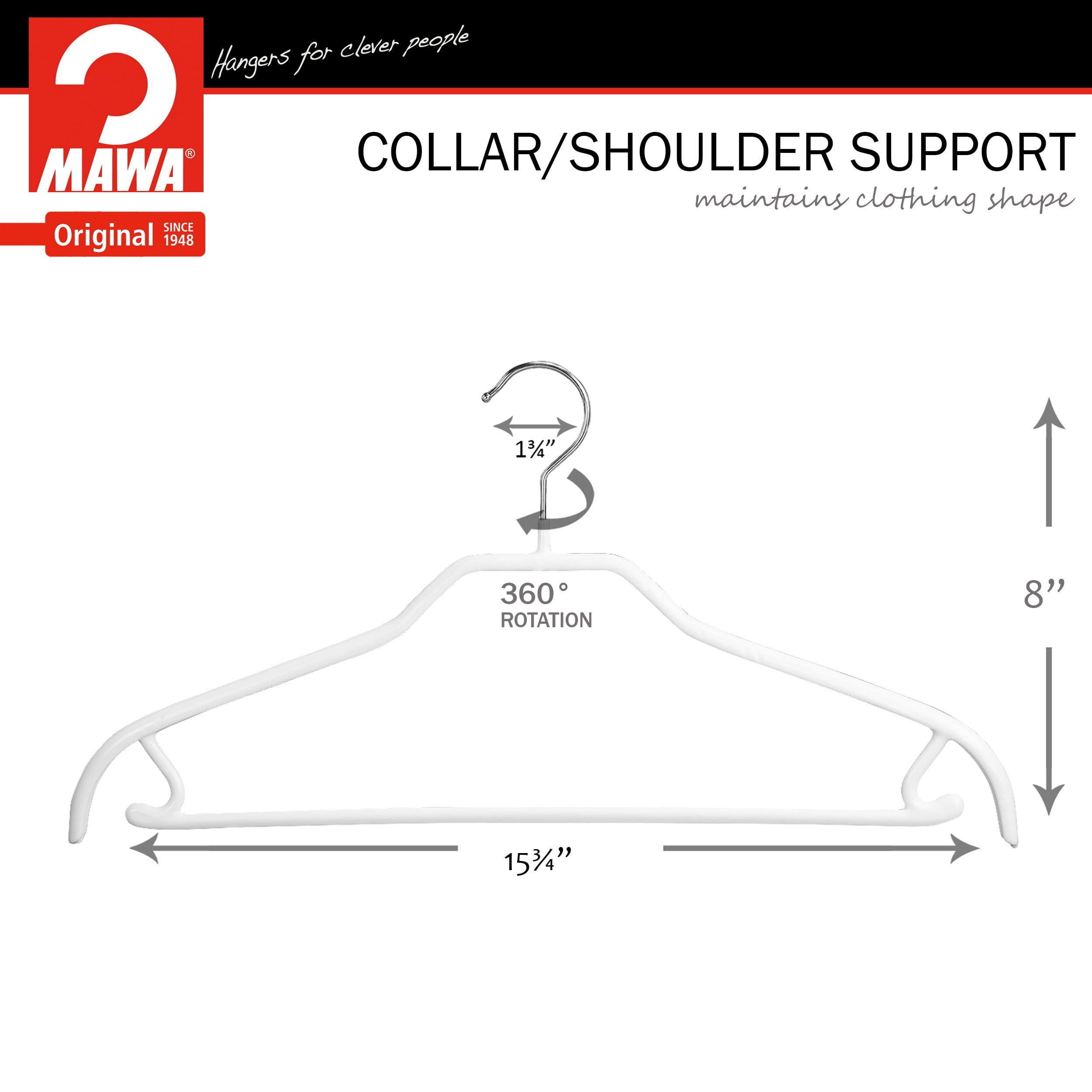 Mawa by Reston Lloyd Silhouette Series Non-Slip Space Saving Hanger with Pant Bar/Skirt Hook, Style 41/FRS, Set of 5, White