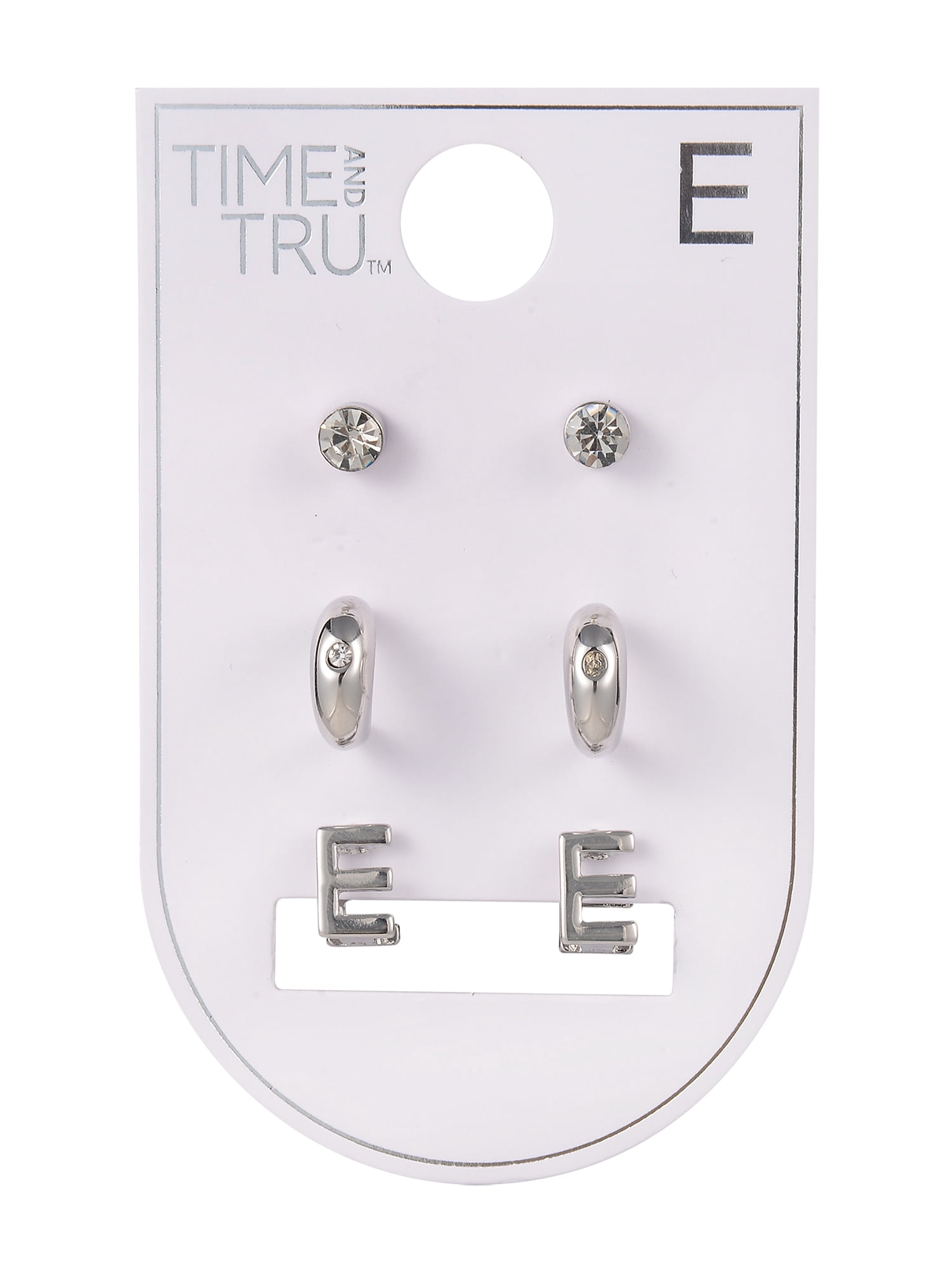 Time and Tru Silvertone 3-On Crystal Stud, Hoop, Initial "E" Earring Set
