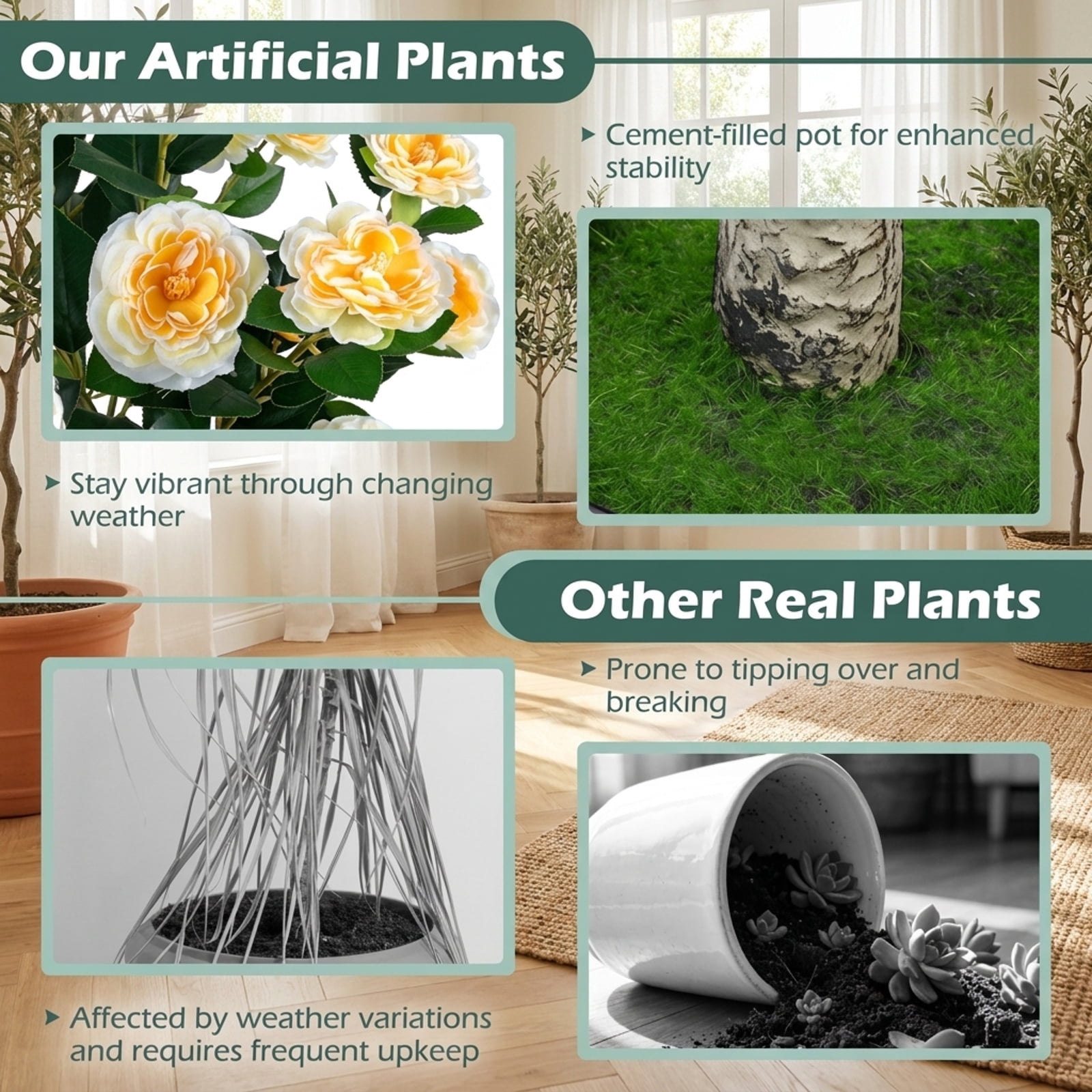 Vebreda Set of 2 39.5-Inch Artificial Camellia Trees with Yellow Flowers and Cement-Filled Pots for Indoor and Outdoor Decoration