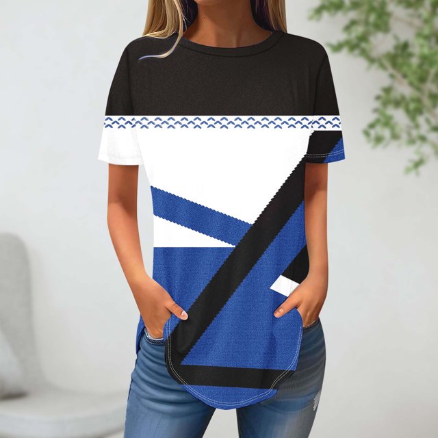 Blouses pour Femmes, T-Shirt à Col Rond Imprimé Patchwork Mode pour Femmes, Manches Courtes Amples