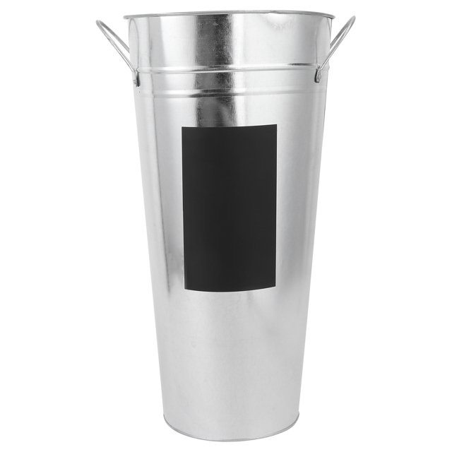 1 pieza de cubo de hoja de hierro para flores con pegatina de pizarra impermeable, contenedor de flores hidropónico, maceta de jardín, bañera de flores para tienda de flores, plata