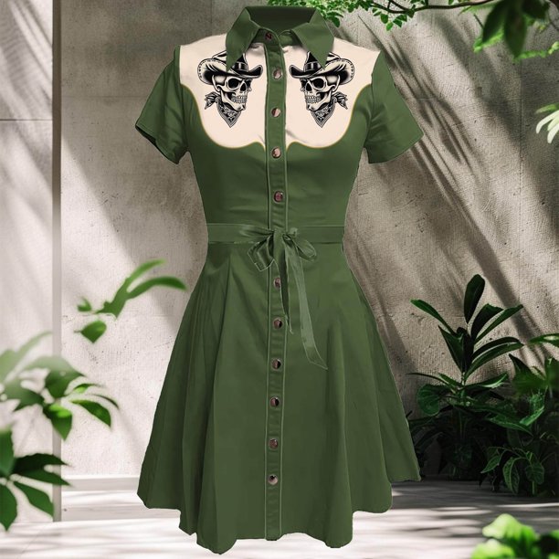 Vestidos Casuales Para Mujer, Vestido Camisero Con Estampado de Flores Occidentales, Vestido Informal de Verano Con Botones y Estilo Retro Midi