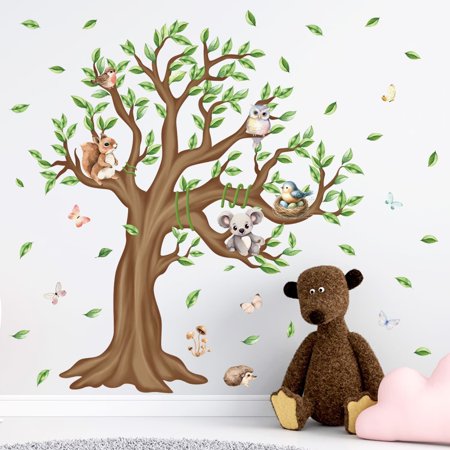 Forest tree and animal wall stickers, koala, squirrel wall stickers, tree and bird stickers, plant leaf wall stickers DIY Peel and Stick Baby Nursery Girls Bedroom Daycare Wall Decor Girls Bedroom