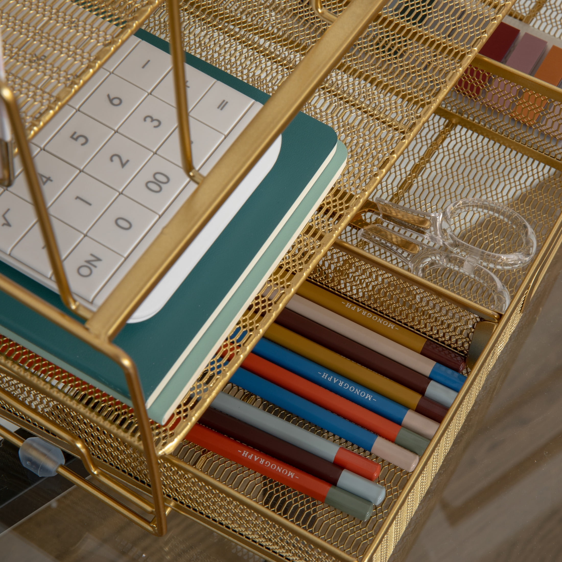 Martha Stewart Ryder Gold Mesh Metal Large Desktop Organizer With Paper File Letter Holder Organizer and Drawer