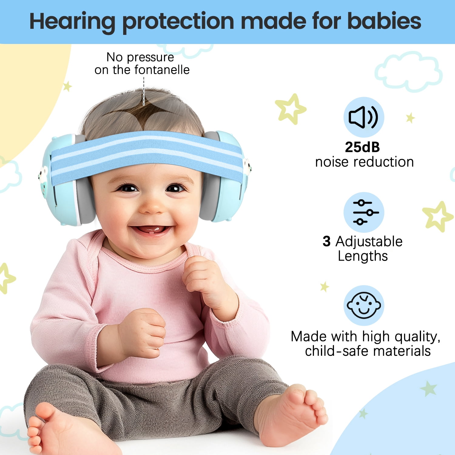 UQN 2-in-1 Baby Ear Muffs Noise Protection,Noise Canceling Headphones for Baby & Toddler 0-12-36 Months, Infant Ear Protection in Plane, Adjustable Headband,Improves Sleep - Blue