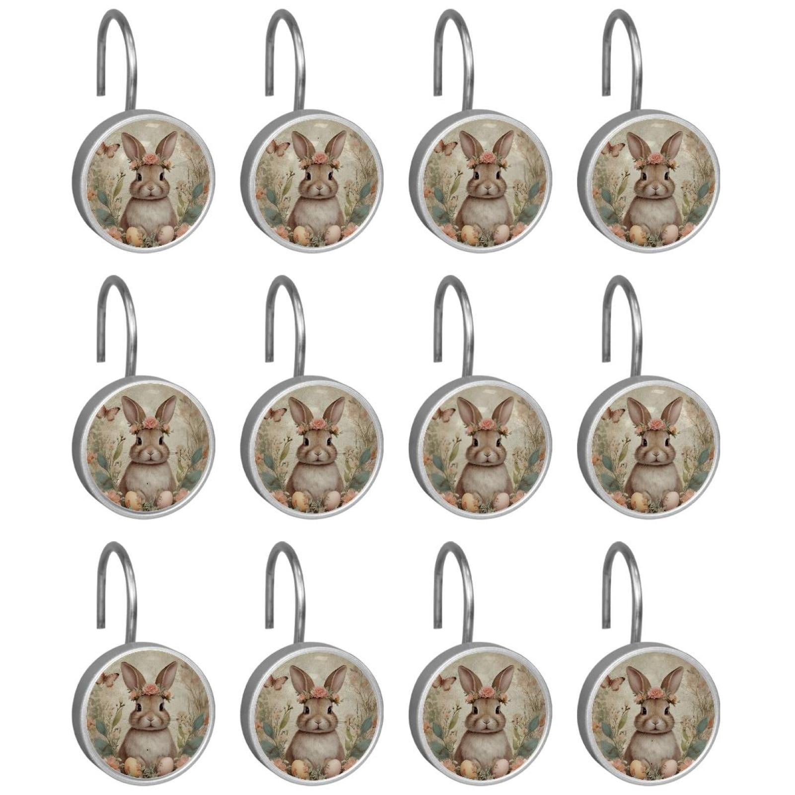 Imobaby 12 Pcs Metal Shower Curtain Hooks Rust Proof for Shower Curtain Liner - Vintage Wreath Bunny