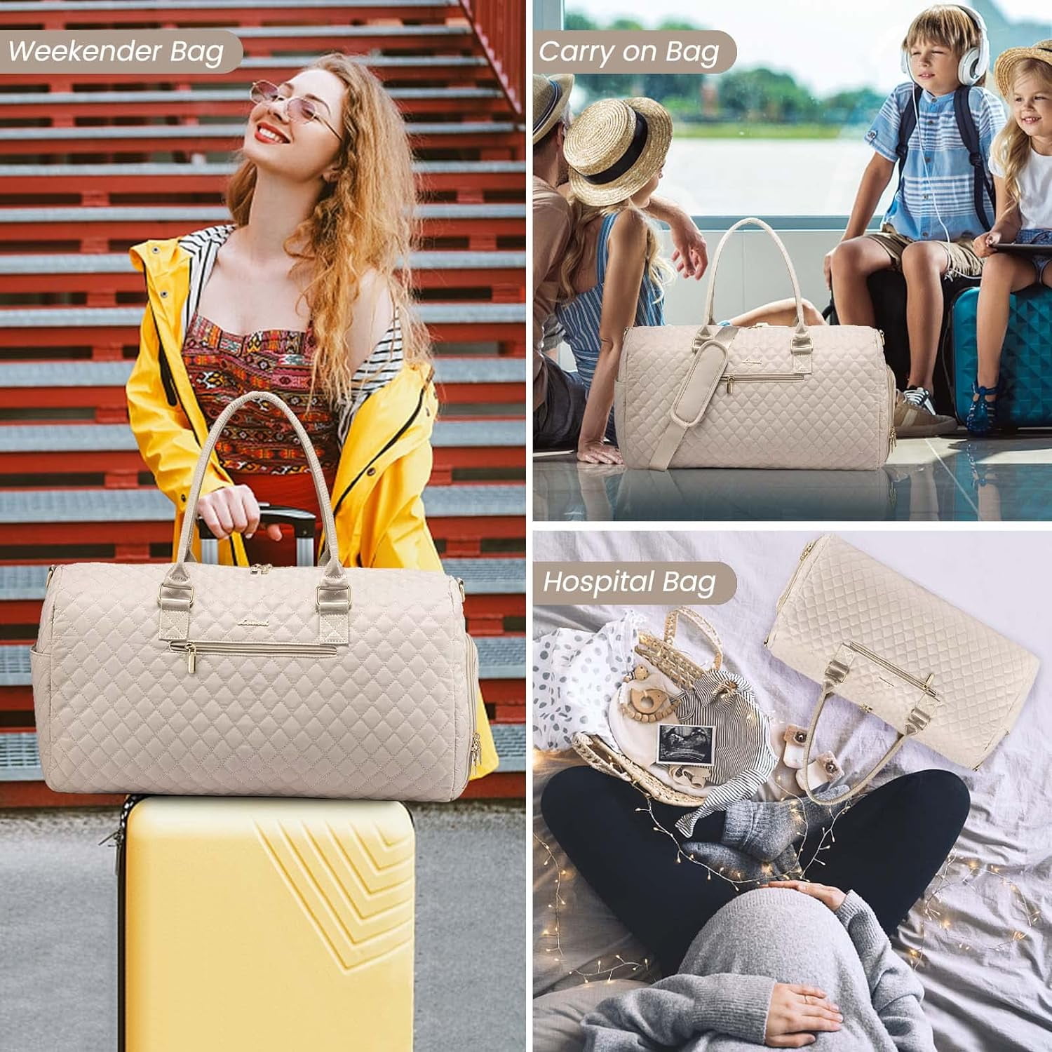 Travel Duffle Bag, Weekender Bag for Women with Toiletry Bag, Carry on Overnight Bag with Shoe Compartment, Gym Duffel Bag with Wet Pocket, Mommy Hospital Bags for Labor and Delivery