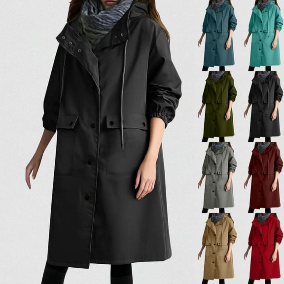 WMTBSRSW Women's Long Trench Coat Sing Breasted Oversized Windproof Overcoat Fashion Winter Hooded Windbreaker Coats Outerwear Army Green X-Large