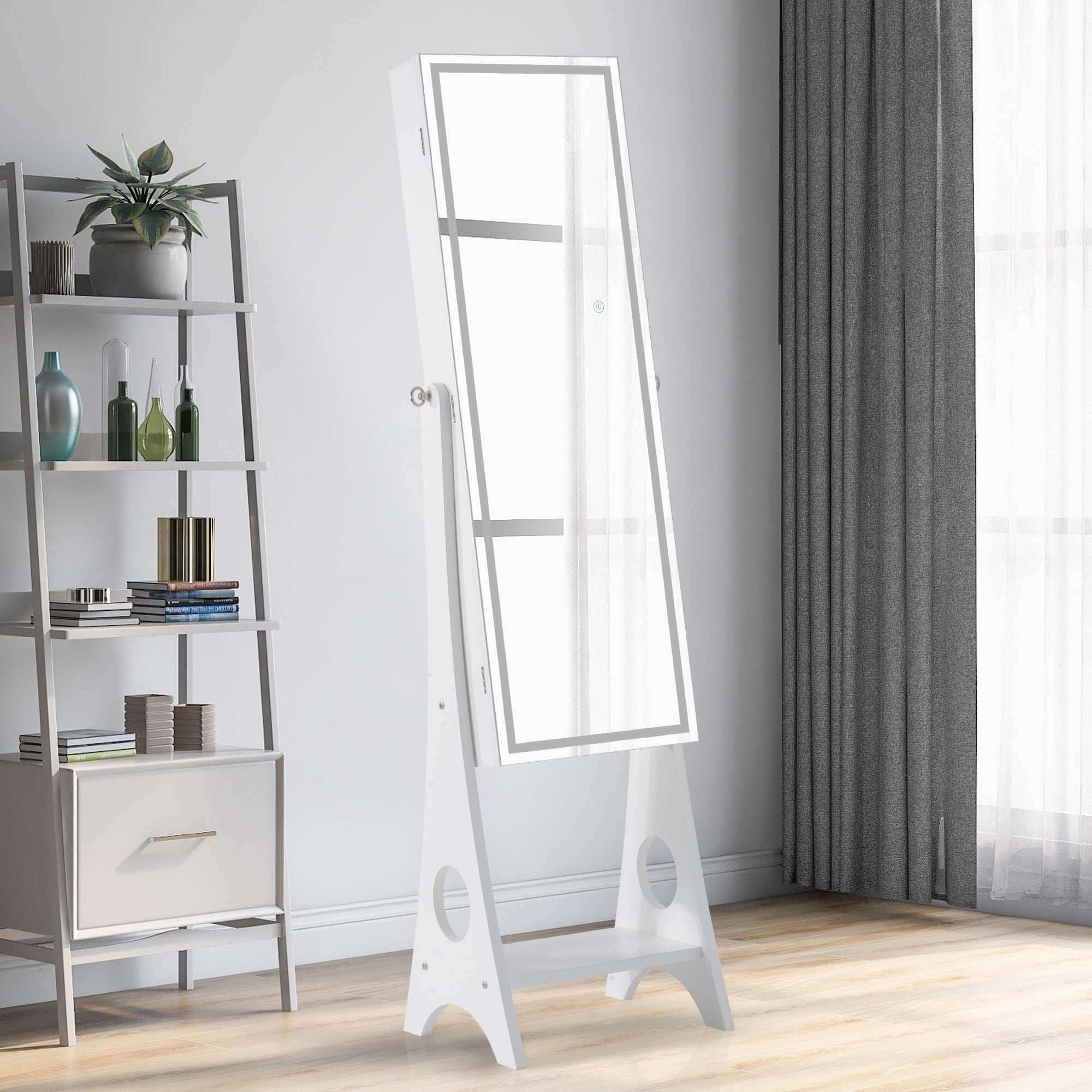 Resenkos LED Light Jewelry Armoire with Full-Length Mirror, White Standing Mounted Lockable Jewelry Organizer Cabinet