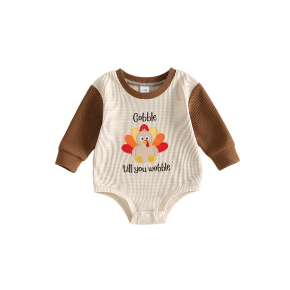 Cjfdfy Newborn Baby Boy Girl Thanksgiving Outfit Gobble Till You Wobble Romper Waffle Knit Contrast Long Sleeve Bodysuit Cute Little Turkey Thanksgiving Fall Winter Outfit