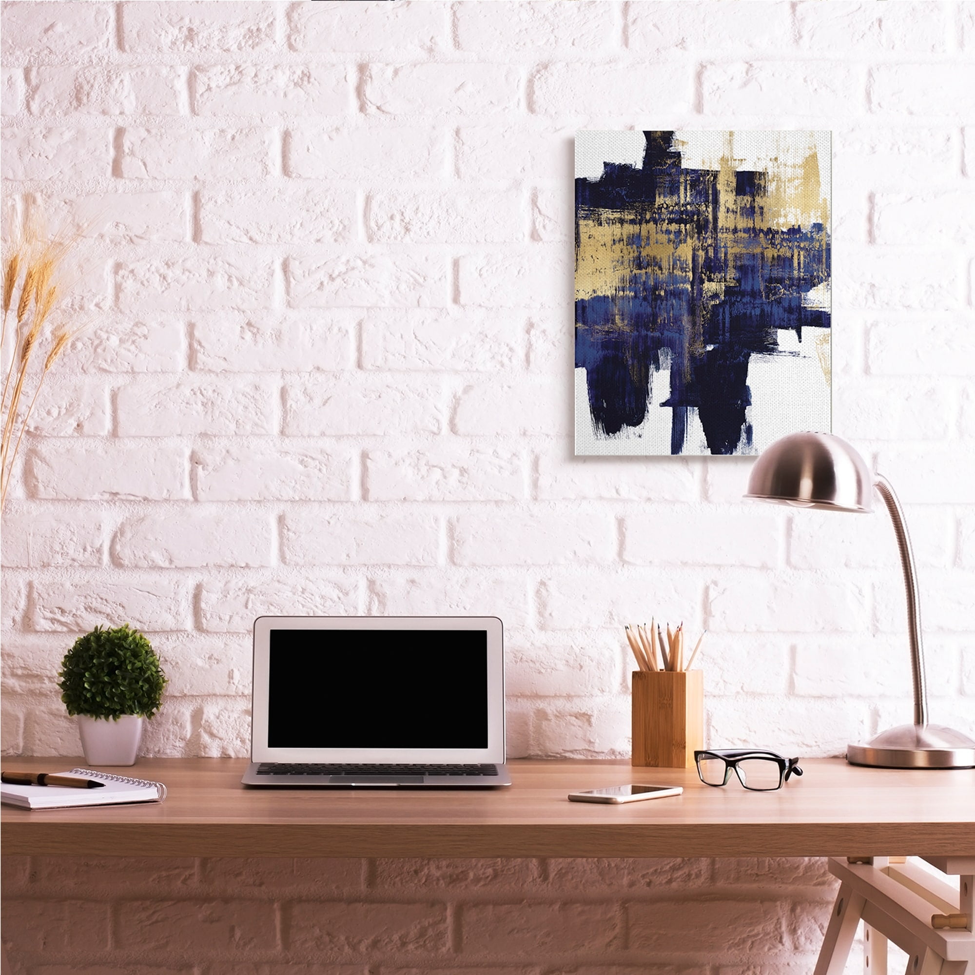Stupell Industries Mellow Blue Gold Brush Stroke Abstract,16 x 20,Designed by Alex Wise