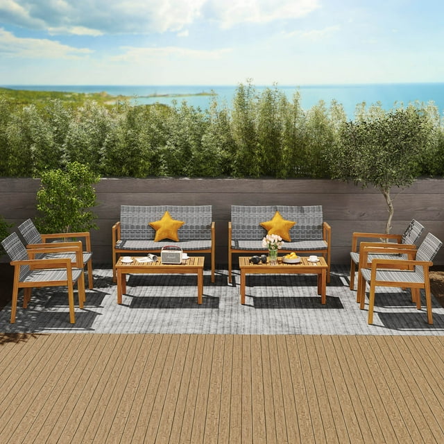 Costway 8 Pieces Outdoor Furniture Set, Acacia Wood Frame Sofa Set with Rattan Seat