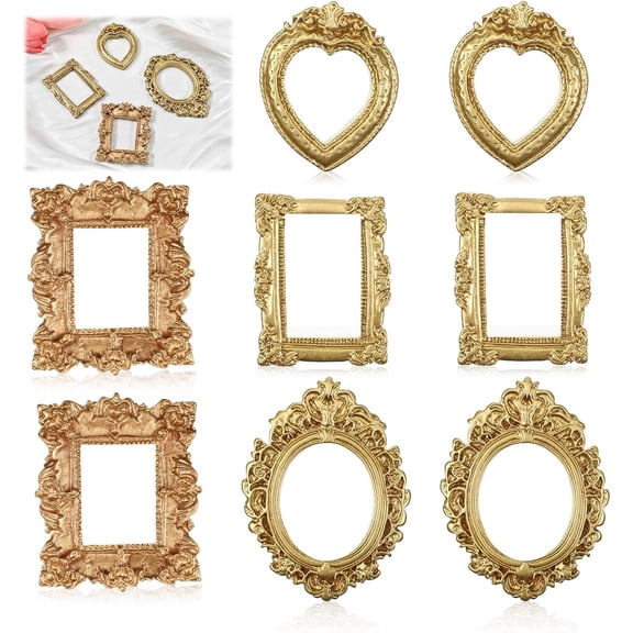 JEWLALO 8Pcs Vintage Resin Picture Frames, Gold Antique Photo Frame Mini Picture Frames Small Antique Ornament TableTop Small Pictures Frame for DIY Photo Jewelry Display Christmas Wall Table Decor