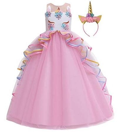 MYRISAM Unicorn Princess Costume Birthday Pageant Party Dance Performance Carnival Long Maxi Tulle Fancy Dress Up Outfits Pink 6-7T