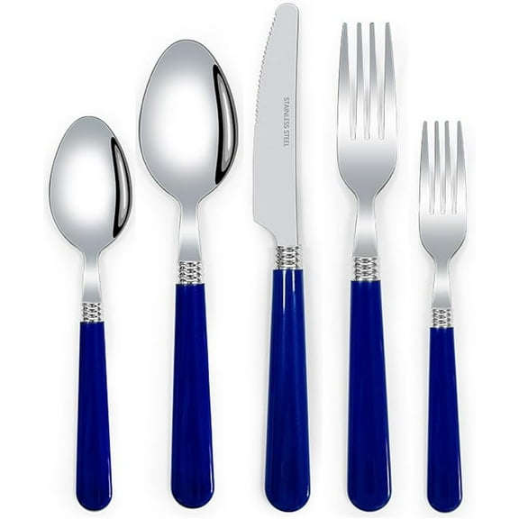 LANFENG Thickened Plastic Handle Kitchen Stainless Steel Silverware Tableware Flatware Cutlery Set Steak Knife Fork Spoon Teaspoon (Blue,5 pieces)